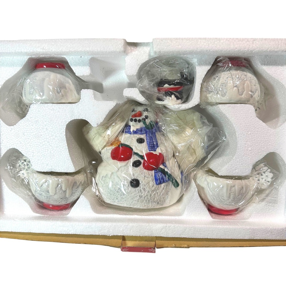 Dept 56 Retired Snowflake Snowman Tea Set Teapot 4 Cups 13321 NOS Box